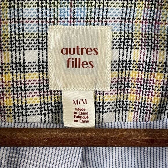 AUTRES FILLES blue/yellow Plaid unstructured gold hardware Blazer Jacket Size M - Picture 7 of 13